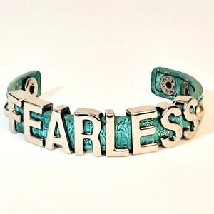 BCBGeneration Teal Faux Leather Bracelet Silver Tone Letters Spellout Fearless